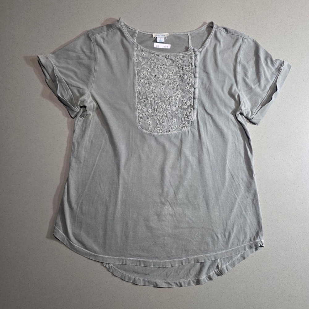 Sundance Womens Small Sage Green Embroidered Bib Cotton Short Sleeve Top Boho